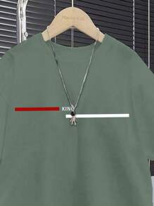 SHEIN Leap Crew Conjunto informal de 2 piezas para niños preadolescentes con camiseta de manga corta y cuello redondo minimalista, y pantalones cortos, adecuado para el verano - Verde Oscuro - Ver 3