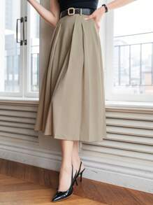 DAZY 女士纯色百褶A字优雅通勤半身裙，秋冬女装半身裙 - 卡其色 - 查看 5