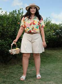 SHEIN MOD 水果印花橙色扭纹前翻领 V 领加大码女式短款衬衫 - 彩色 - 查看 7