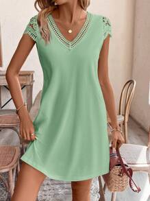 SHEIN Frenchy Solid Color Splicing Water Soluble Dante Loose Fit Rochie Rochie de vara, Rochie de soare, Boho, Rochie florala, Tinute de vara, Rochie casual, Rochie eleganta