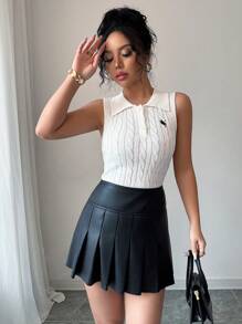 Chiquease New Simple Korean Style Sleeveless Pure Linen Knitted Polo Neck Embroidered Pullover Sweater For Women, Spring/Summer - White - View 5