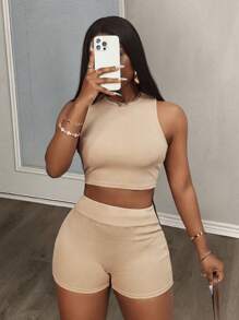 Slaydiva Setelan 2 Potong Wanita yang Stylish: Atasan Tank Crop Tanpa Lengan Rajut Bergaris dan Celana Pendek Biker Bodycon, Sempurna untuk Musim Panas - Khaki - View 7