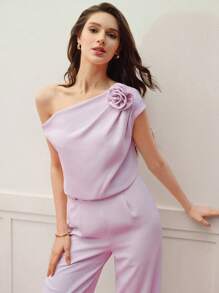 MOTF PREMIUM TOP ASIMÉTRICO DE CUELLO CON ESTAMPADO FLORAL ESTÉREO Y PANTALONES - Rosa Pálido - Ver 3