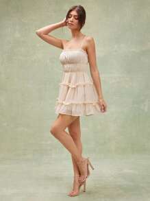 L'Amorae Summer Sexy Solid Color Ruffle Wrap Back Spaghetti Strap Mini Dress - Beige - View 5