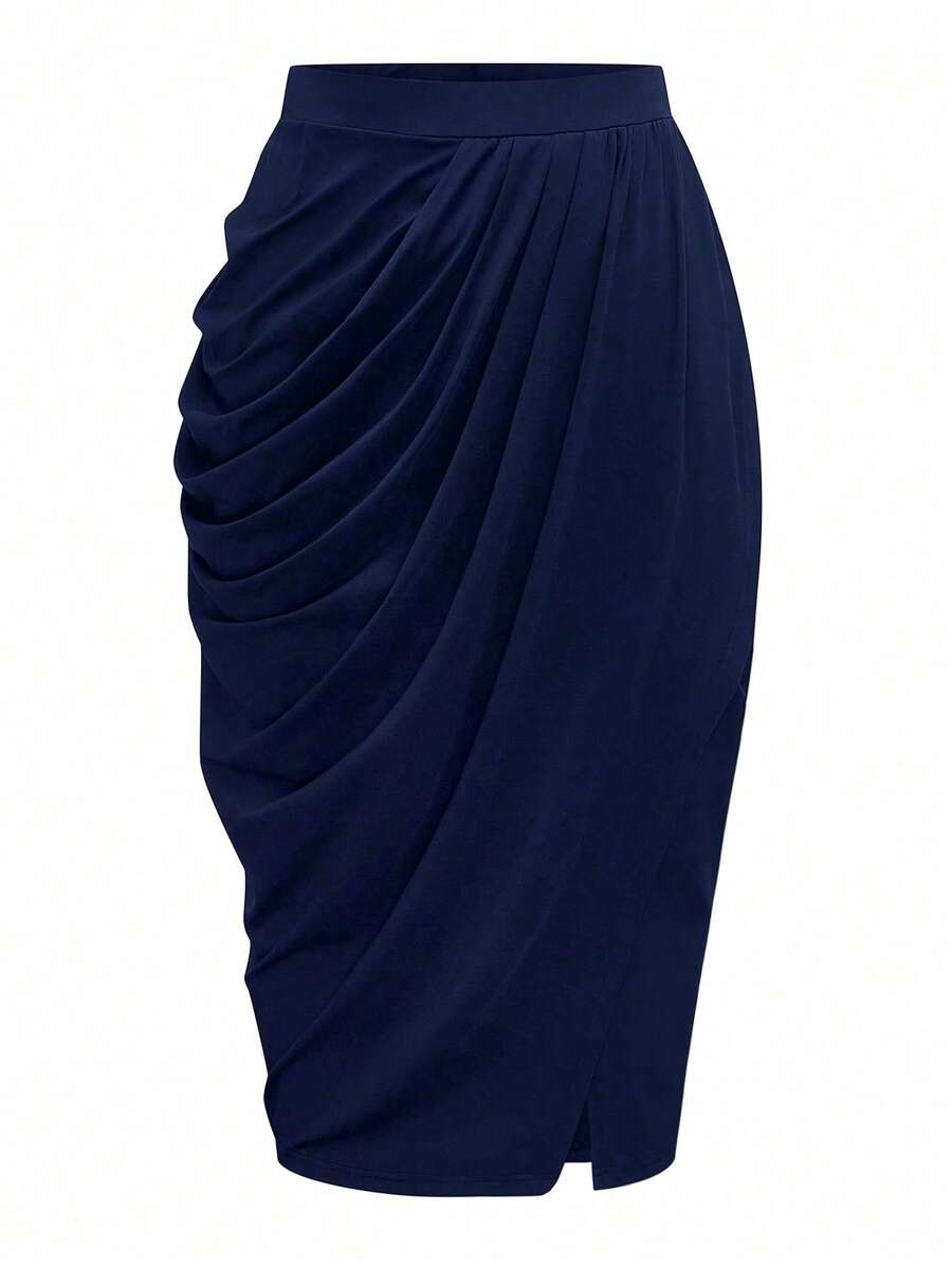 SHEIN Unity Plus Size Women Solid Color Pleated Elegant Pencil Skirt