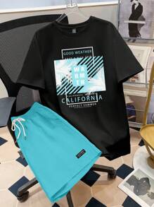 Manfinity RSRT Tropical Beach Palm Tree Silhouette Color Block Printed Vacation Casual Men's Fitted T-Shirt And Turquoise Shorts Set For Summer - Multicolor - View 2