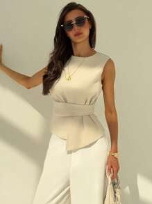 Aloruh Minimalist Crew Neck Sleeveless Ruched Waist Apricot Women Blouse For Commuting