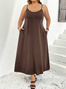 SHEIN CURVE+ 超大码基本款黑色细肩带连衣裙，春夏 - 咖啡棕 - 查看 3