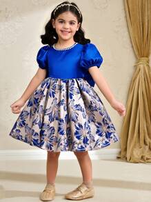 Young Girl Elegant Party Jacquard Splice Puff Sleeve Bow Decor Formal Dress