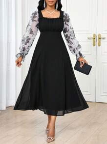SHEIN Lady Abito lungo floreale elegante da donna in stile resort, in chiffon stampato, completo estivo per donna, abito da donna elegante per Pasqua, stile boho europeo, elegante abito casual da donna per vacanze estive, abito da donna casual per Pasqua, abaya donna per vacanze - nero - Visualizzare 7