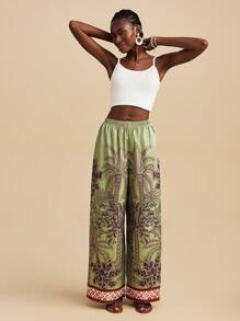 Travachic Quần ống rộng in họa tiết cây cọ cho nữ, thích hợp cho kỳ nghỉ - màu xanh lá - Xem 4