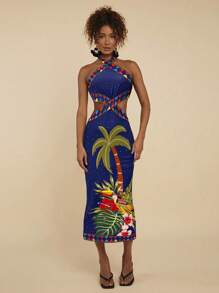 Travachic 女士热带印花挂脖紧身连衣裙，休闲度假沙滩装