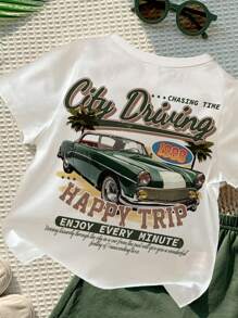 SHEIN 2 件套休闲卡通图案短袖上衣和短裤套装，适合男孩，适合夏季 - 彩色 - 查看 3