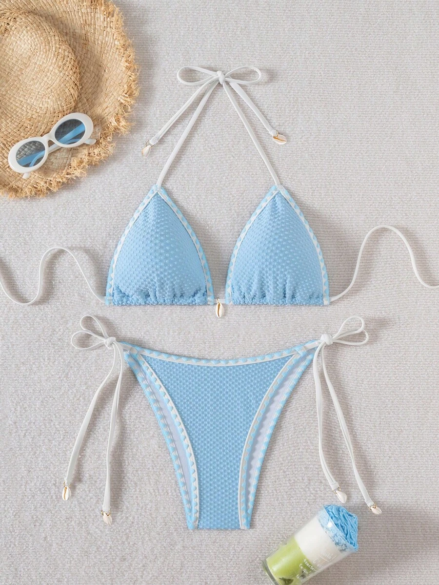 Swim Mod Women's Summer Beach Halter Tie-Up Sexy Bikini Two Pieces Swimwear Set - Baby Blue - View 1