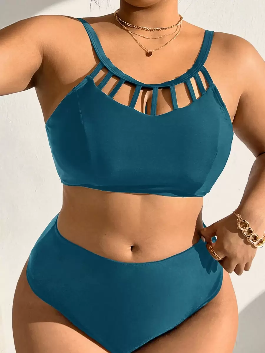 SHEIN Swim Curve Plus Size Solid Color Hollow-Out Swimwear Top - Teal Blue - View 1
