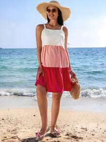 SHEIN Women's Casual Summer Nursing Dress: Sleeveless, Strappy, Multicolor Woven Fabric With Flounce Hem And Convenient Breastfeeding Access - Multicolor - View 3