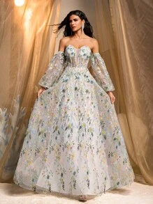 Glamrae 优雅多色浪漫华丽定位网眼刺绣管（可拆卸）灯笼长袖超大 A 字裙，配有可调节肩带，适合约会、海滩度假、生日、成人仪式、派对、毕业返校季、婚礼活动、婚礼宾客、晚宴舞会礼服、正式礼服、晚礼服、礼服 - 彩色 - 查看 5