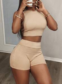 Slaydiva Setelan 2 Potong Wanita yang Stylish: Atasan Tank Crop Tanpa Lengan Rajut Bergaris dan Celana Pendek Biker Bodycon, Sempurna untuk Musim Panas - Khaki - View 3