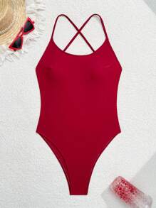 Swim SPRTY Đồ bơi một mảnh hở lưng gợi cảm không tay màu trơn cho nữ, hàng mới về mùa hè - Màu Đỏ Sâu - Xem 5