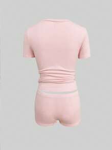 INAWLY 2pcs/Set Women Solid Color Round Neck Short Sleeve T-Shirt And Shorts - Pink - View 2