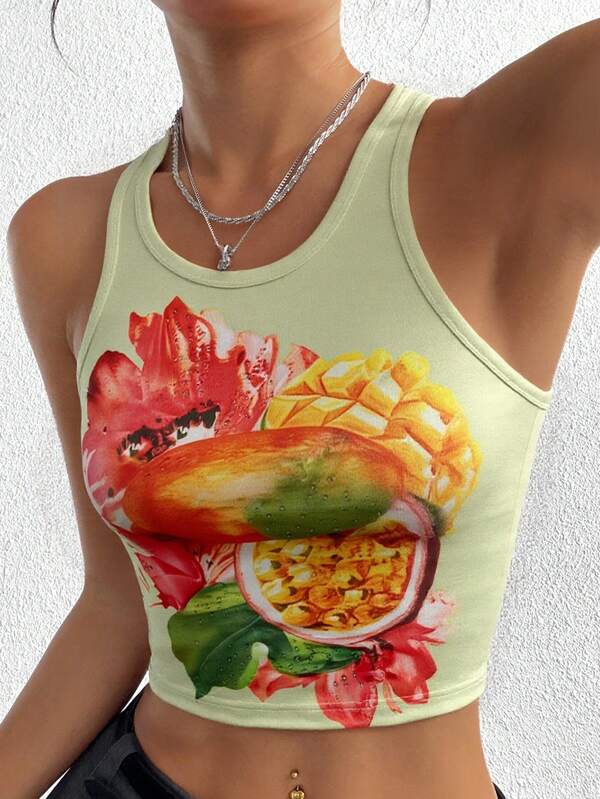 INAWLY Women's Floral Print Crew Neck Fitted Cropped Casual Tank Top