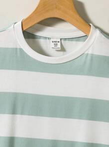 SHEIN Kaos Lengan Pendek Bergaris Leher Bulat Longgar Kasual untuk Anak Laki-Laki Remaja, Cocok untuk Bepergian, Sekolah, Aktivitas Sehari-hari, Olahraga, Musim Semi & Musim Panas - Hijau - View 3