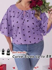 SHEIN CURVE+ 大码情人节心形印花长袖衬衫，适合春冬季 - 紫色 - 查看 2