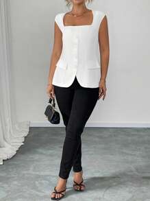 Elenzga Áo blazer/vest nữ cỡ lớn thanh lịch, cổ vuông, không tay, mỏng nhẹ, thích hợp cho lễ tốt nghiệp, tựu trường, hoặc dành cho giáo viên. - trắng - Xem 4