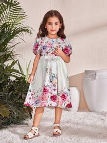 SHEIN Leap Crew Young Girl Fitted Casual Dress With Pink Rose Floral Print, Suitable For Valentine's Day, Princess Dress, Festival, Wedding, Party - White - View 4
