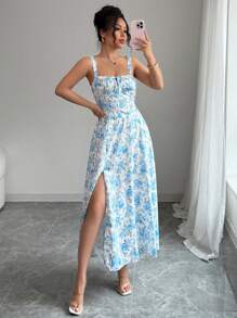 Elenzga Vestito da donna a fantasia floreale con spacco laterale, bretelle a spaghetti e lunghezza media, stile vacanziero