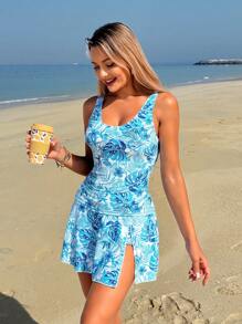 Swim Lushoire 3 件套女士热带植物随机印花细肩带全罩式上衣、高腰三角裤、开衩下摆裙、分体式泳衣套装