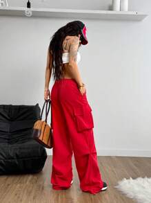 Coolane Pantalones cargo con bolsillo de solapa rojo, cordón en la cintura