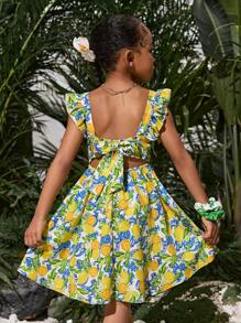 年轻女孩热带水果图案可爱休闲方领盖袖喇叭下摆露背蝴蝶结连衣裙，母子套装（3 件单独出售） - 綠色 - 查看 1