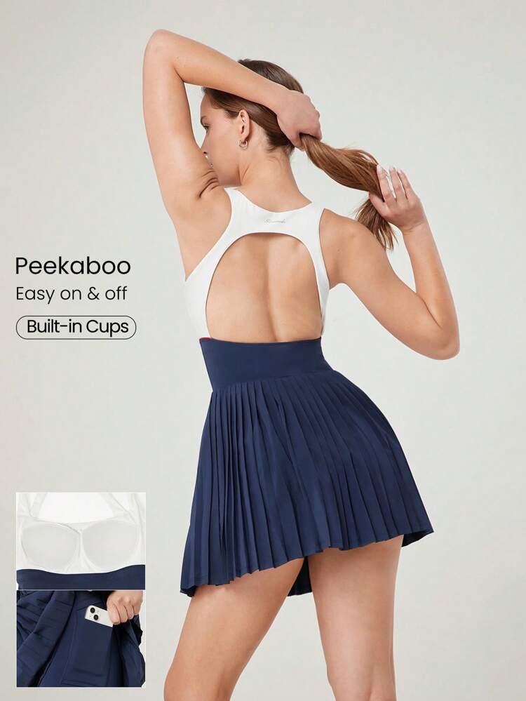 FeatherFit™-Air Schnell trocknendes Tennis Kleid mit eingebauten Körbchen, plissiertem Rückenausschnitt und hoher Taille, mittlerer Stützeffekt mit eingebauter Shorts und Seitentaschen, geeignet für Low-Impact Laufen, Training, Workout, Gym