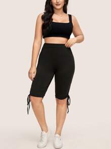 SHEIN LUNE 大码女式纯色高腰抽绳侧泳休闲女式夏季紧身裤