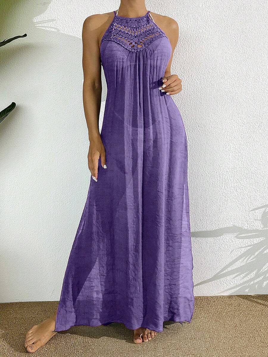 SHEIN Women Solid Color Sheer Cutout Side High Slit Sleeveless Long ...