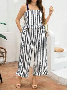 SHEIN Clasi Bộ 2 chiếc/Bộ áo hai dây in họa tiết sọc thanh lịch cỡ lớn và quần dài, Quần áo mùa hè cho nữ Bộ đồ hai mảnh cho nữ, Quần áo mùa hè cho nữ, Trang phục công sở thường ngày cho nữ, Trang phục thập niên 90, Quần rộng thùng thình, Bộ đồ công sở cho nữ, Trang phục mùa hè, Kỳ nghỉ, Trang phục công sở thường ngày cho nữ, BOHO, Khiêm tốn, Tốt nghiệp, Quần, Thích hợp cho nơi làm việc, Trà chiều, Hẹn hò, Hòa nhạc, Tiệc tùng, Phong cách đại học cổ điển - Xanh và trắng - Xem 6