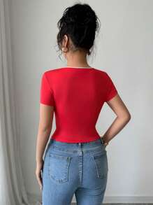 Chiquease Women's Short Sleeve Round Neck Bow Decor Simple Chic T-Shirt, Suitable For Summer - Red - View 2