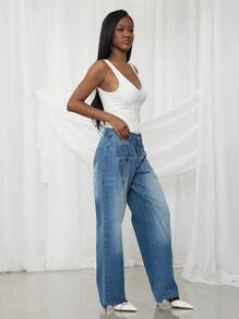 NYA SZN 春季双腰带细节中度水洗直筒牛仔裤节日夏季度假办公室西服学院风休闲装女士 - 中等水洗藍 - 查看 6