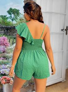 SHEIN Clasi Plus Size V-Neck Solid Color Asymmetric Ruffled Textured Jumpsuit - Green - View 2