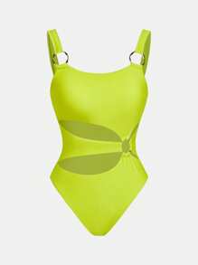 Maija 1 Piece Women Neon Green Solid Color Cutout Waist Sexy Spaghetti Strap Swimsuit