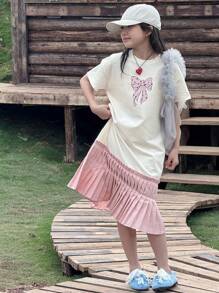 DAZY Tween Girl' Round Neck Knitted Short Sleeve Dress With Bow And Graphic Print, Summer,Back To School Clothes - White - View 8