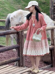 DAZY Mid-Length A-Line Lace Patchwork Solid Color Princess Round Neck Long Sleeve Tween Girl Dress - Red - View 4