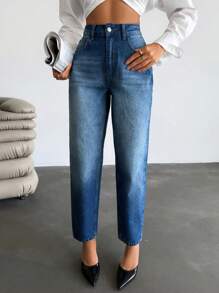 EURMUSE High Waisted 100% Cotton Mom Fit Jean - Medium Wash - View 1