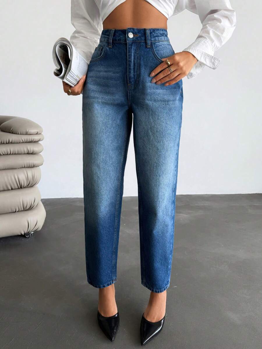 EURMUSE High Waisted 100% Cotton Mom Fit Jean - Medium Wash - View 1