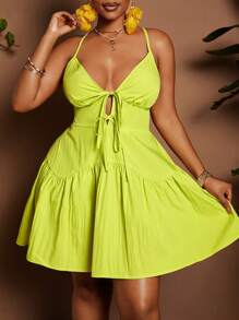 Maweii Plus Size Women Elegant Vacation Style Solid Color V-Neck Tie Waist Asymmetrical Ruched A-Line Mini Dress, Spring/Summer - Yellow - View 4