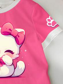 SHEIN Cute Cartoon Cat, Bow & Cat Paw Print Colorblocked Short Sleeve Casual Round Neck Top For Baby Girl, Suitable For Summer - Multicolor - View 5