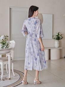 DAZY Váy midi xếp ly cổ chữ V dành cho nữ có họa tiết hoa toàn thân - Màu tím hoa cà - Xem 2
