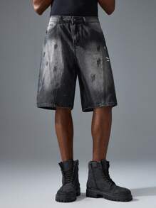 Men's Street Style Oversized Black Embroidered Denim Shorts Cotton, Streetwear Essential - Black - View 1