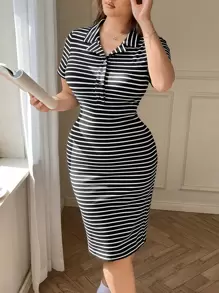 Solflare 大码女式黑白条纹纽扣半襟短袖连衣裙 - 黑與白 - 查看 3